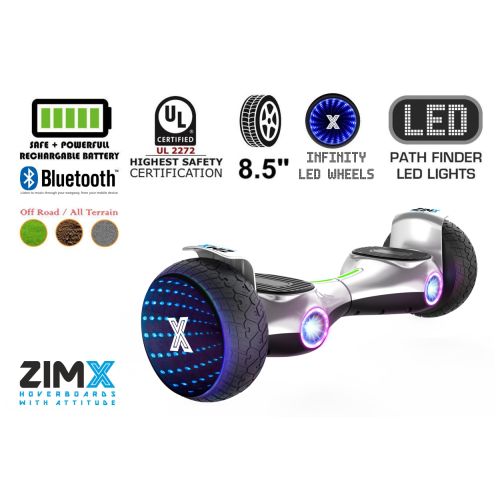 ZIMX G2 JET - SILVER All Terrain Hoverboard, 8.5 inch Off Road Bluetooth Hoverboard with Infinity LED Wheels, UL2272 Certified